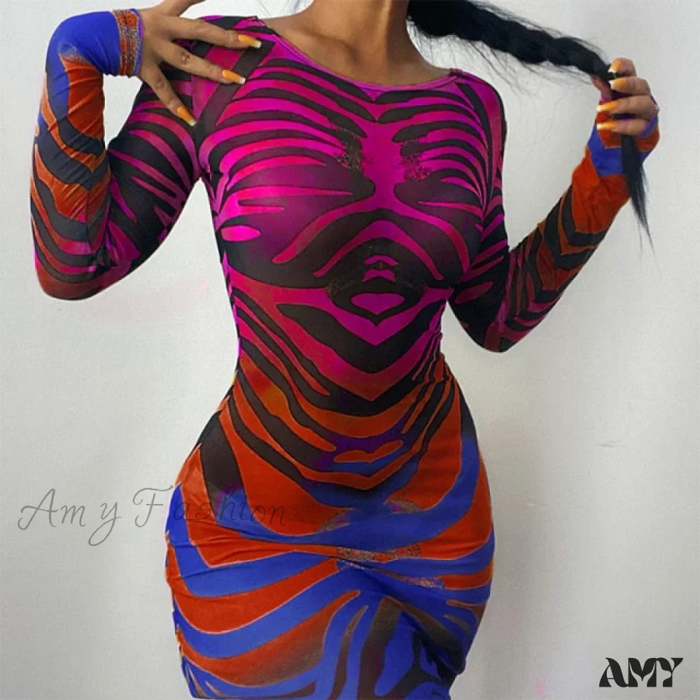 Amy Fashion - Long Sleeve Printed Mesh See Through Bodycon Dress - Image 3