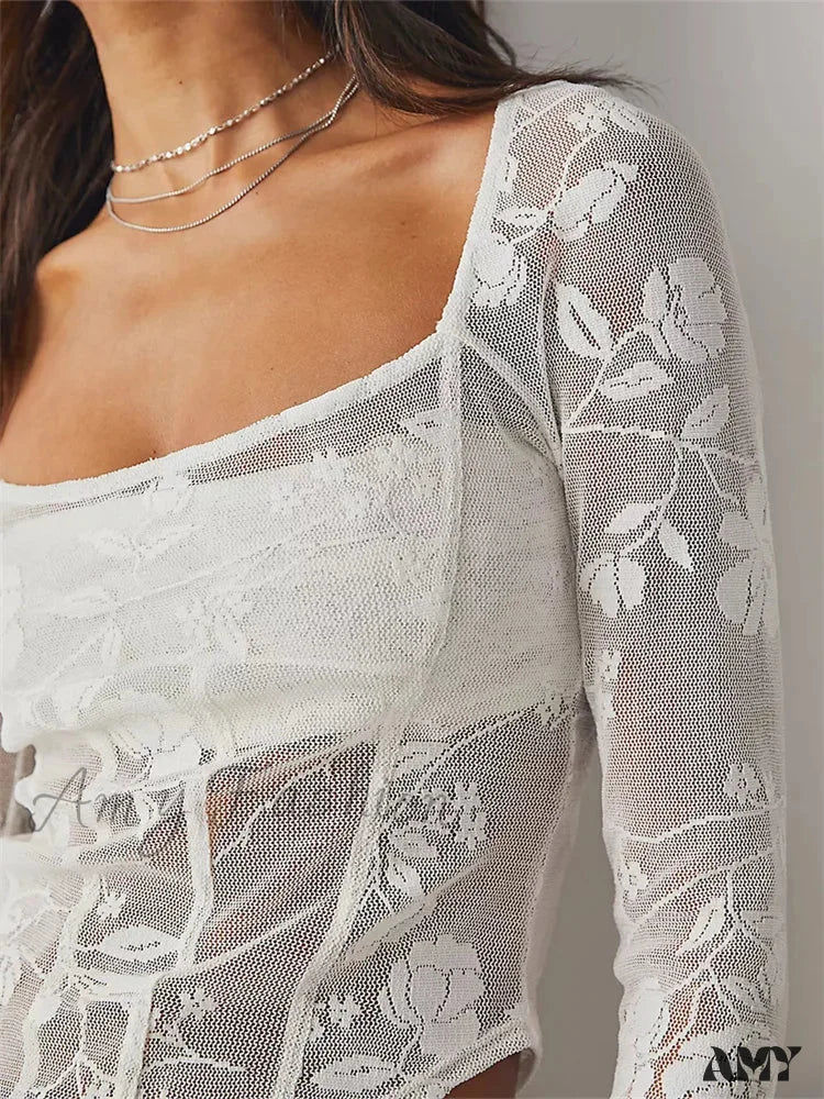 Amy Fashion - Long Sleeve See Through Retro Square Neck Lace T-Shirts - Image 2