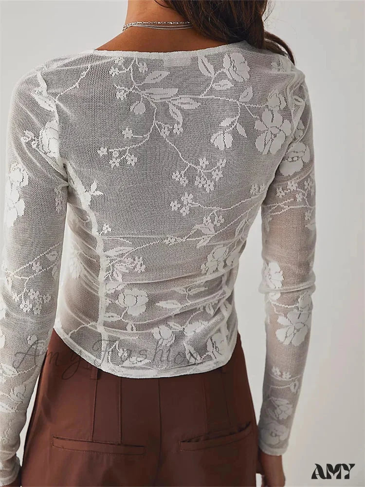 Amy Fashion - Long Sleeve See Through Retro Square Neck Lace T-Shirts - Image 3