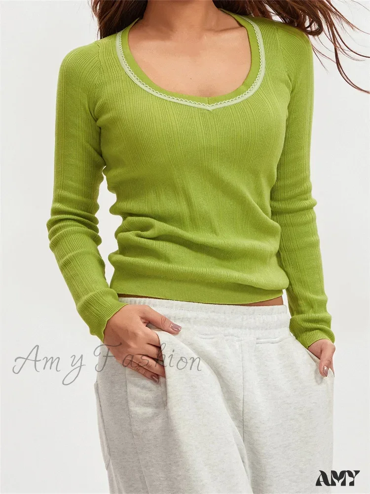Amy Fashion - Long Sleeve Solid Color Elegant Low Cut Lace Trim T-Shirts - Image 5