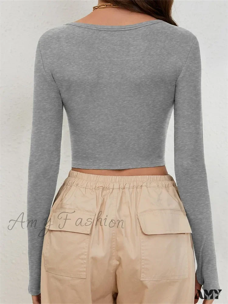 Amy Fashion - Long Sleeve Solid Color Ribbed Square Neck Slim Fit Crop T-Shirts - Image 2