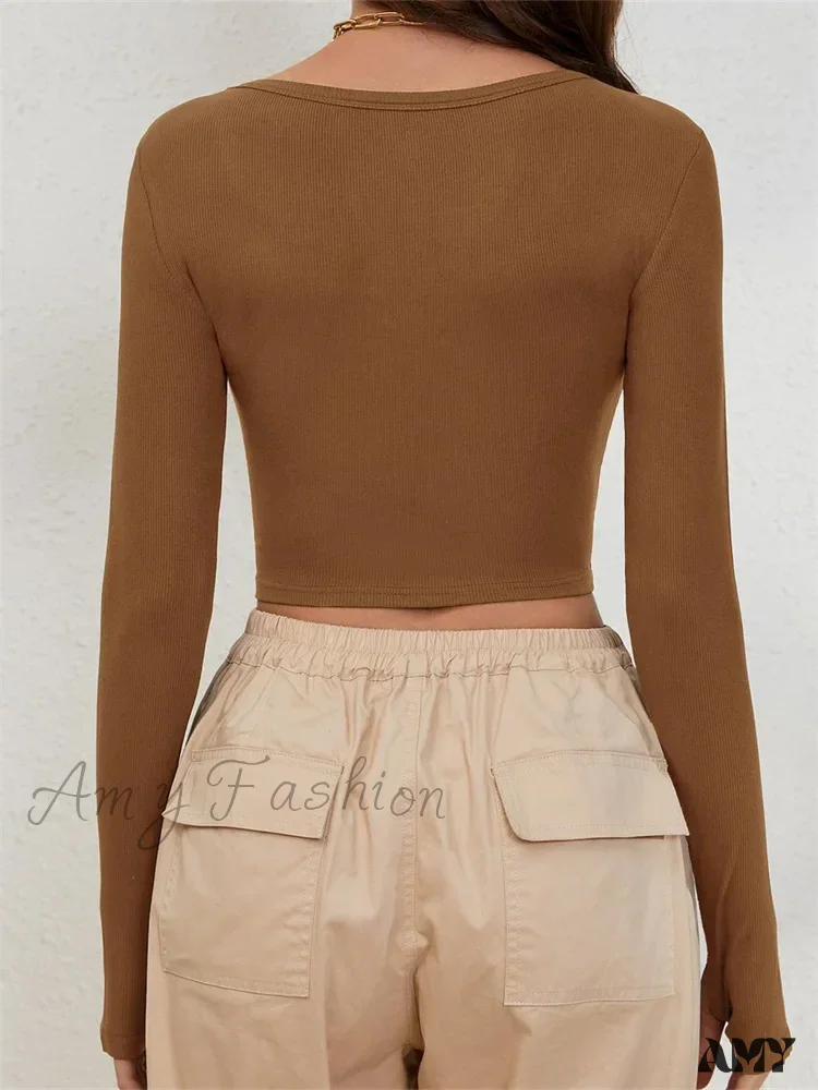Amy Fashion - Long Sleeve Solid Color Ribbed Square Neck Slim Fit Crop T-Shirts - Image 4