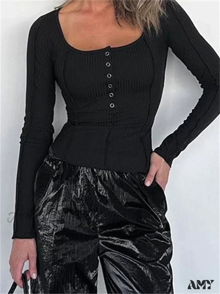 Amy Fashion - Long Sleeve Solid Color Slim Fit Ribbed Button Up T-shirts - Image 2