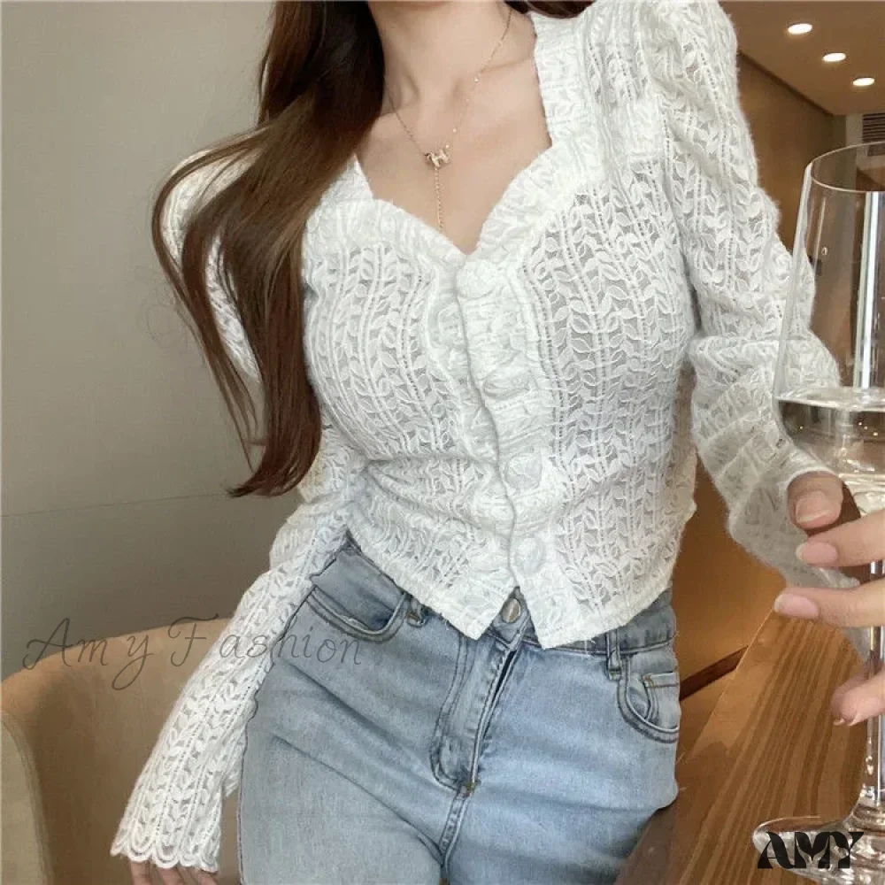 Long Sleeved Lace Design Blusas Clothess Blouse - Image 3