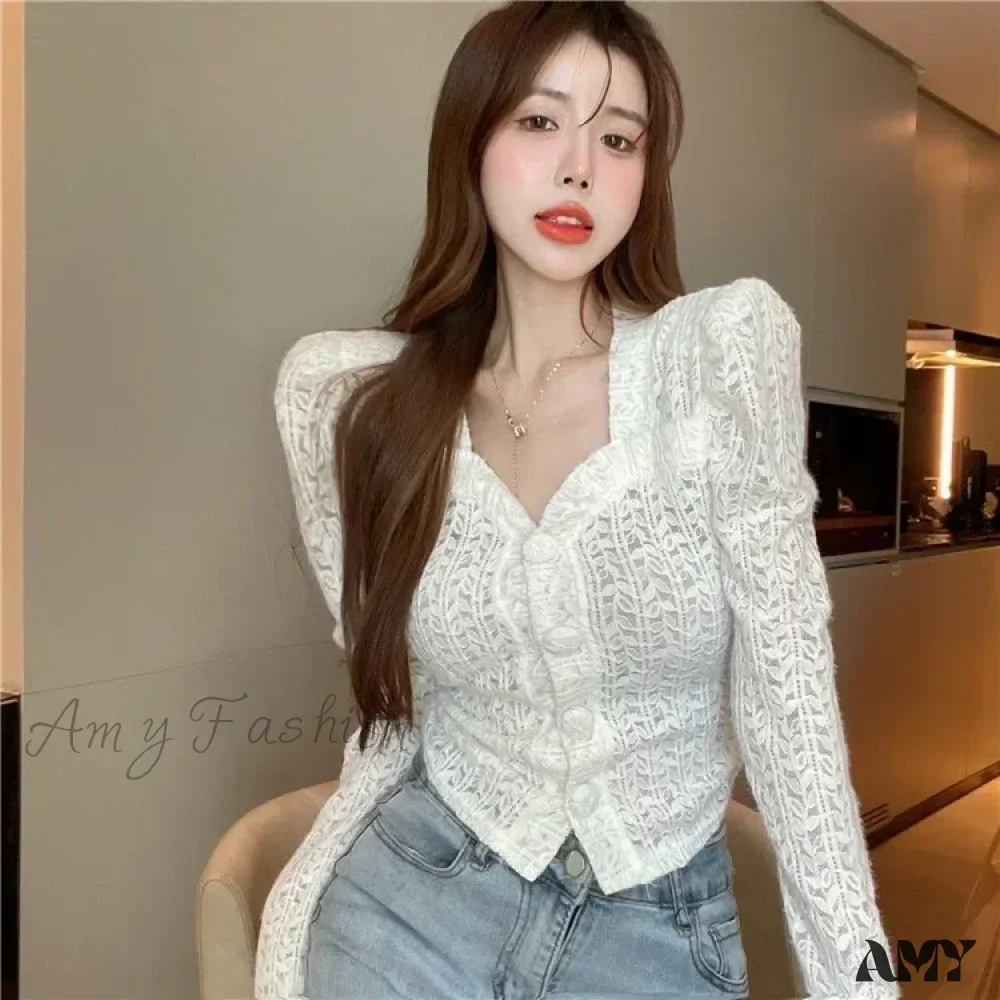 Long Sleeved Lace Design Blusas Clothess Blouse - Image 6