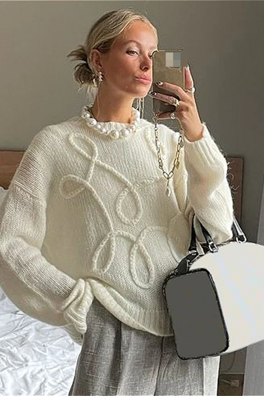 Loose Casual Solid Crew Neck Long Sleeve Knit Sweater - Image 4