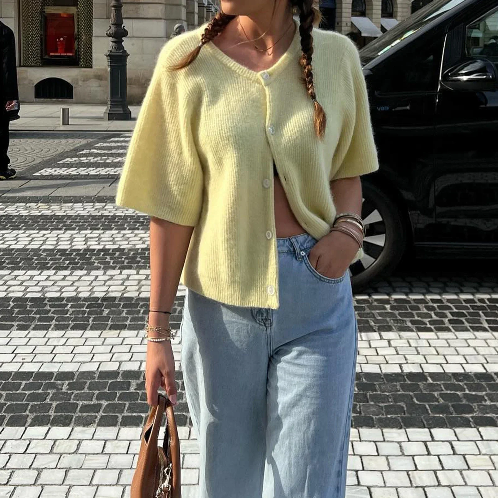 Loose Short Sleeve Button Round Neck Cardigan - Image 3