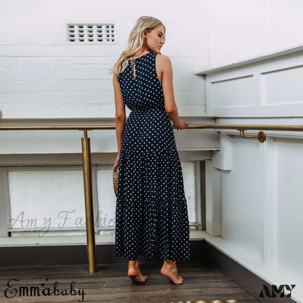 Amy Fashion - Loose Sleeveless Holiday Dot Print Long Maxi Dress - Image 3