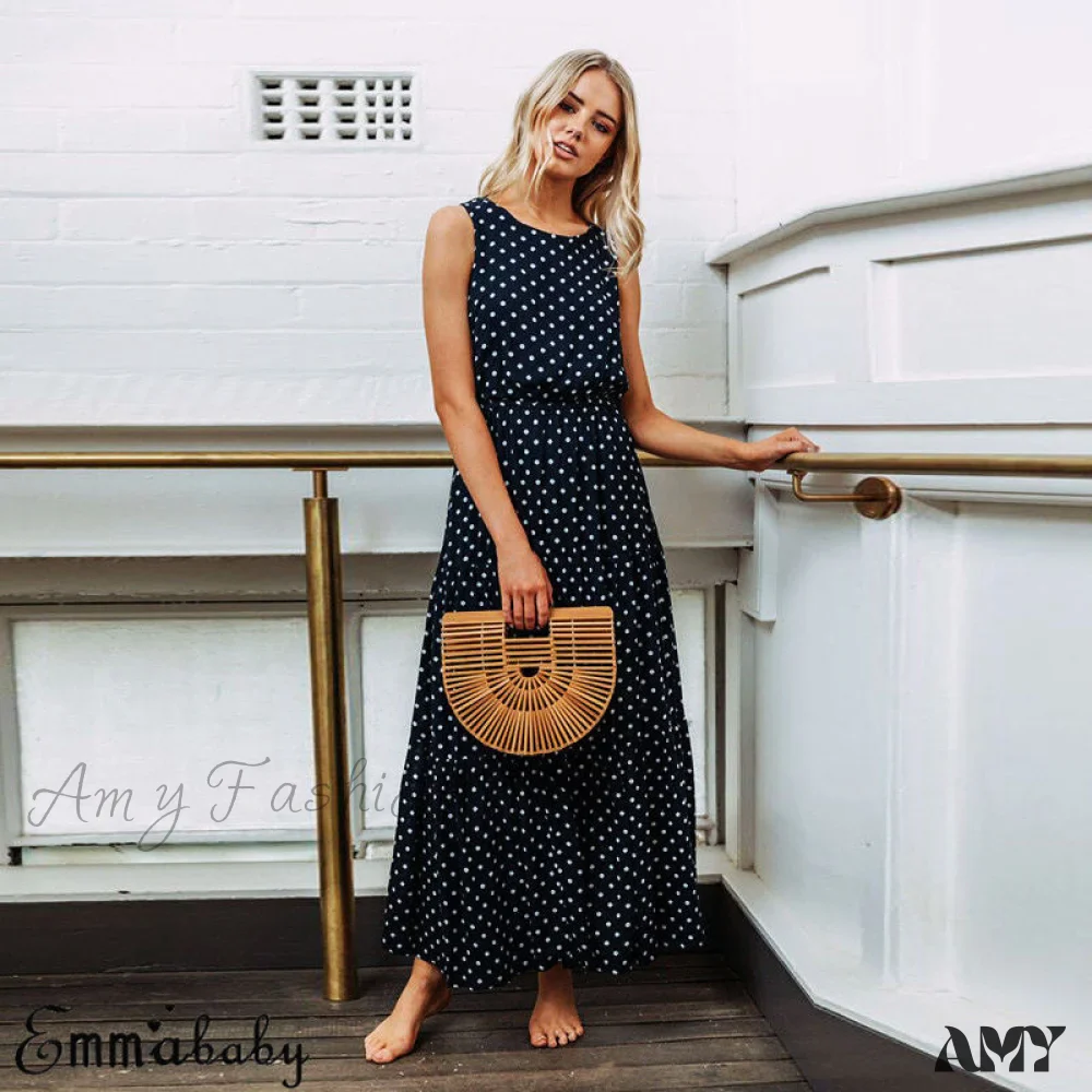 Amy Fashion - Loose Sleeveless Holiday Dot Print Long Maxi Dress - Image 4