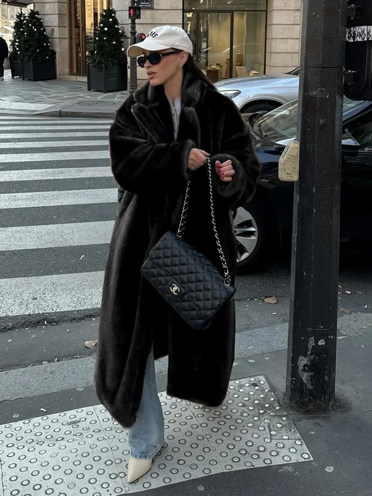 Loose Velvet Fur Splicing Long Coat - Image 4