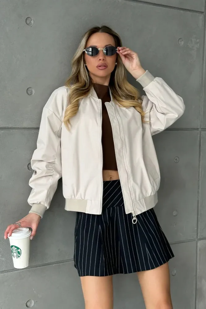 Loose Zip-up Bomber Cotton Jacket