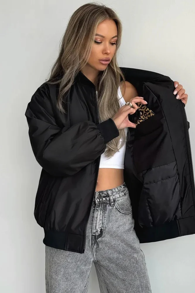 Loose Zip-up Bomber Cotton Jacket - Image 3