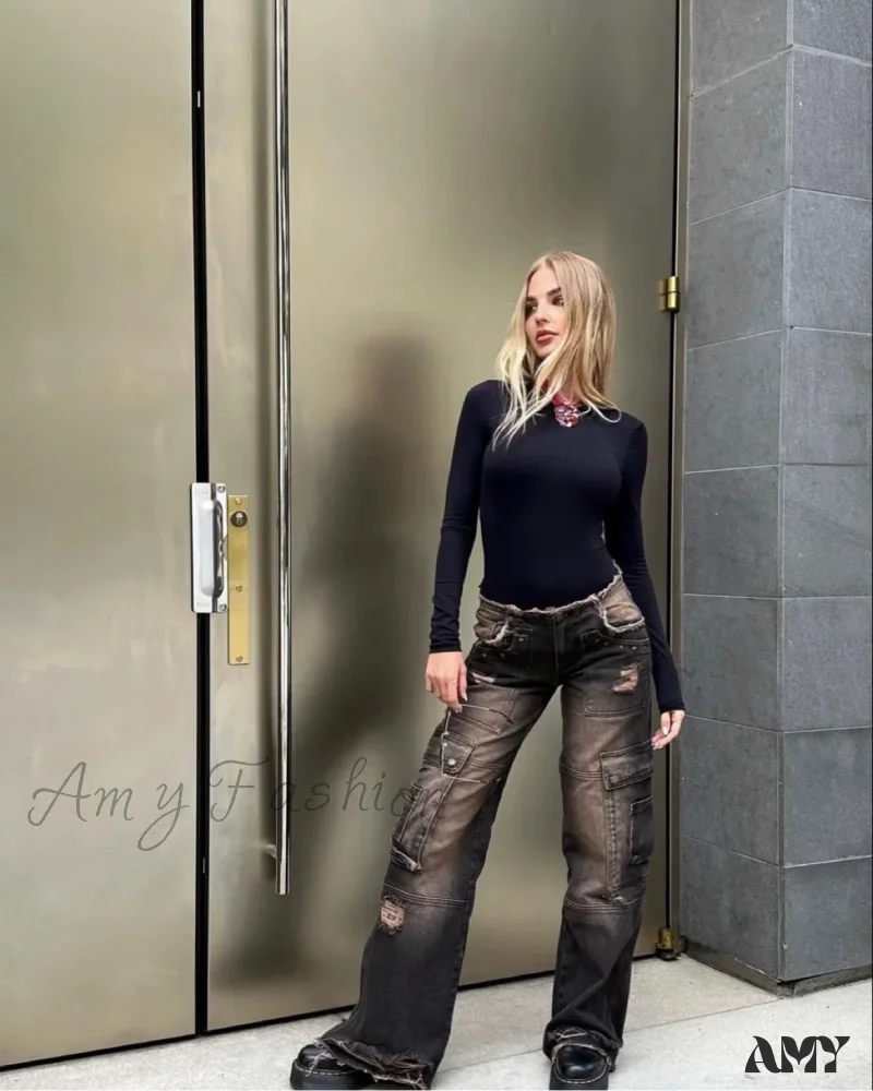 Low-rise Ripped Water Blast Multi-pocket Overalls Jeans - Image 2