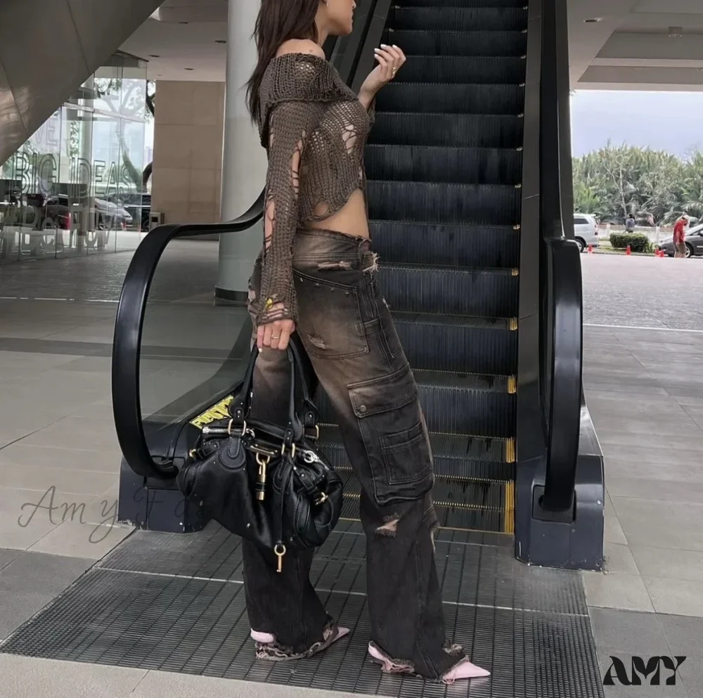 Low-rise Ripped Water Blast Multi-pocket Overalls Jeans - Image 5