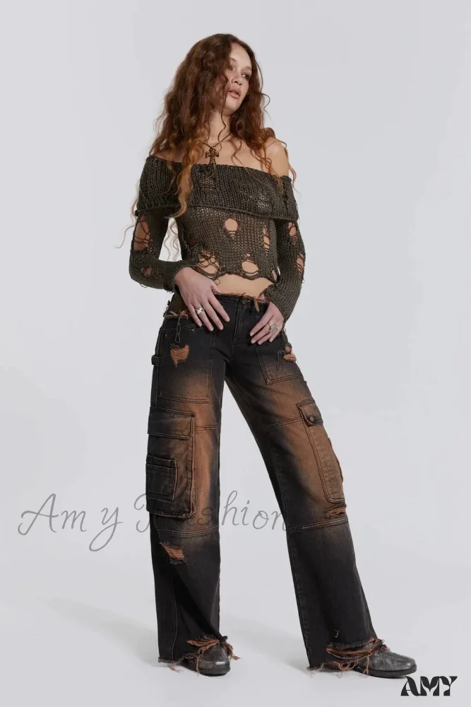 Low-rise Ripped Water Blast Multi-pocket Overalls Jeans - Image 6