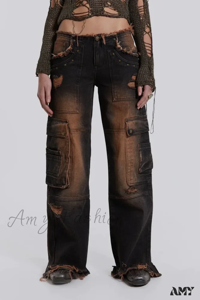 Low-rise Ripped Water Blast Multi-pocket Overalls Jeans - Image 7