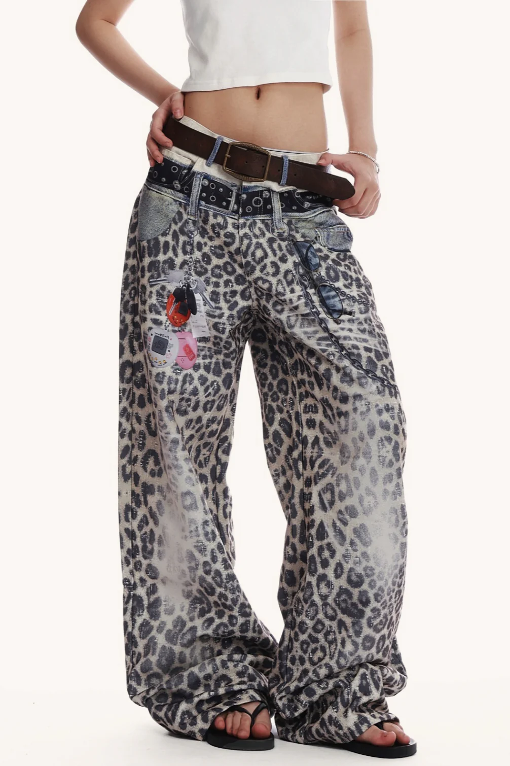 Low Waist Leopard Wide Leg Loose Flare Jeans - Image 2