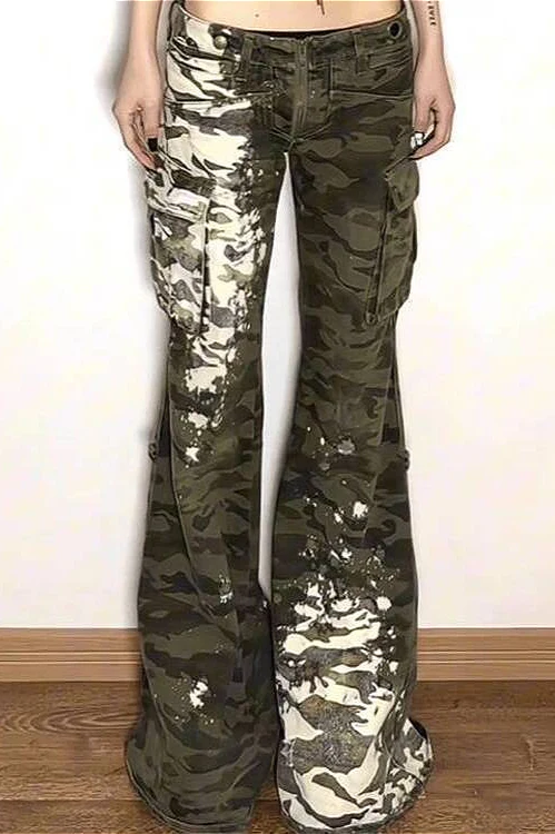 Low Waist Micro Flare Paint Splatter Camo Cargo Jeans - Image 4