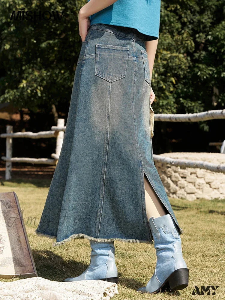 Mermaid Spring High Waist Medium Length Back Hem Split A-Line Buttocks Wrapped Skirt - Image 3