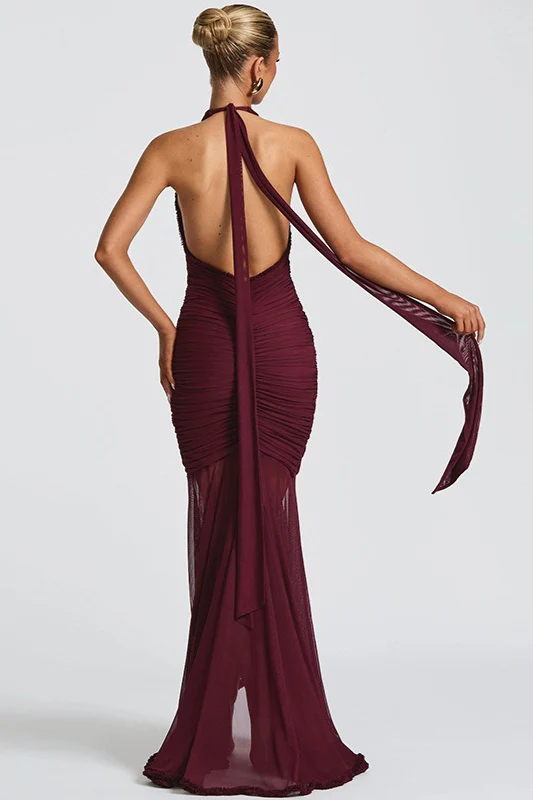 Mesh Panel Halter V Neck Backless Elegant Party Dress - Image 2