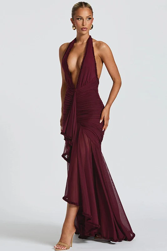 Mesh Panel Halter V Neck Backless Elegant Party Dress - Image 4
