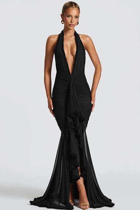 Mesh Panel Halter V Neck Backless Elegant Party Dress - Image 6