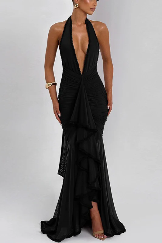 Mesh Panel Halter V Neck Backless Elegant Party Dress - Image 7
