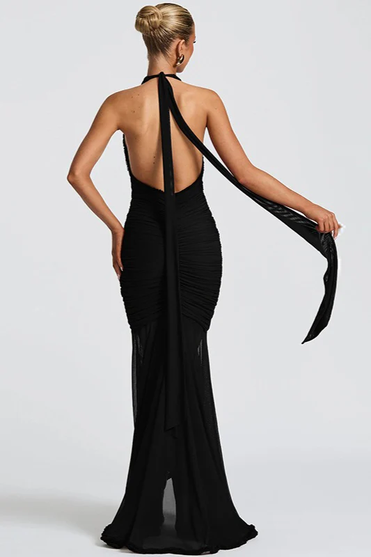 Mesh Panel Halter V Neck Backless Elegant Party Dress - Image 8