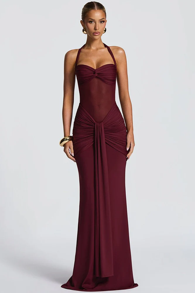 Mesh Paneled Fishtail Sash Bodycon Party Dress - Image 5