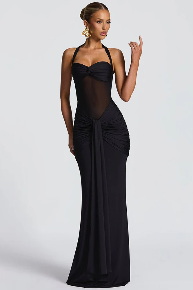 Mesh Paneled Fishtail Sash Bodycon Party Dress - Image 8