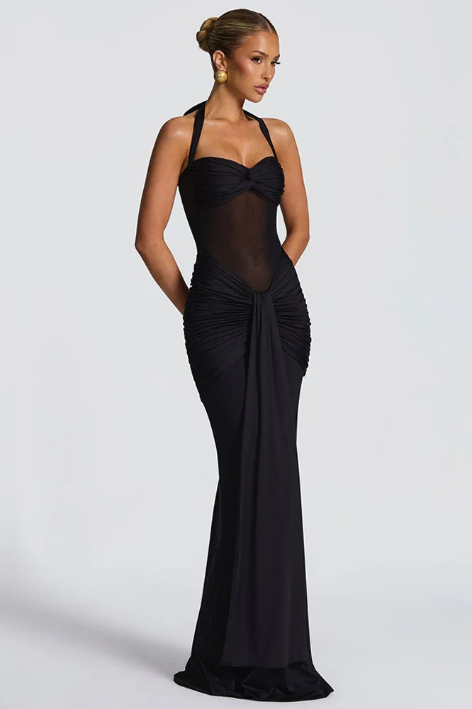 Mesh Paneled Fishtail Sash Bodycon Party Dress - Image 9