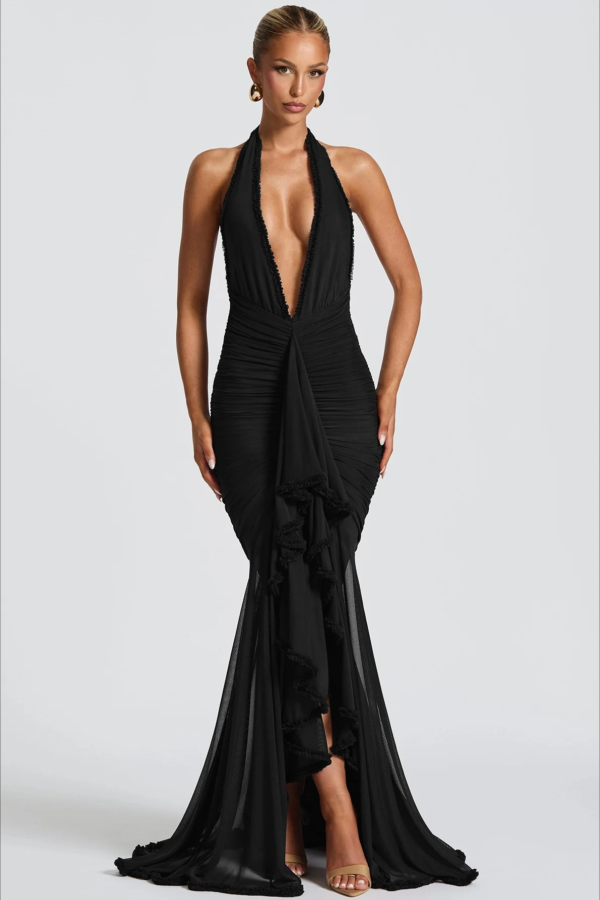 Mesh Paneled V-Neck Halter Backless Sexy Party Dress - Image 4