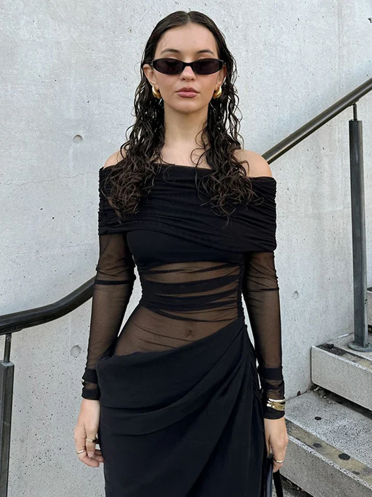 Mesh Patchwork Slash Neck Maxi Dress - Image 2