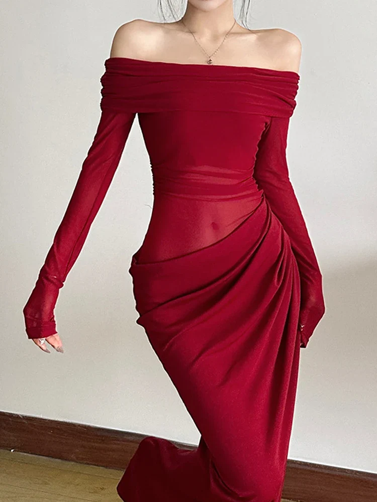 Mesh Patchwork Slash Neck Maxi Dress - Image 4