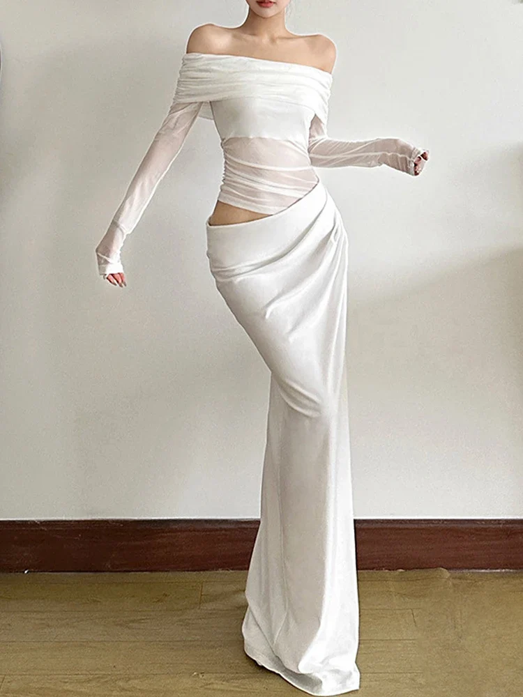 Mesh Patchwork Slash Neck Maxi Dress - Image 5