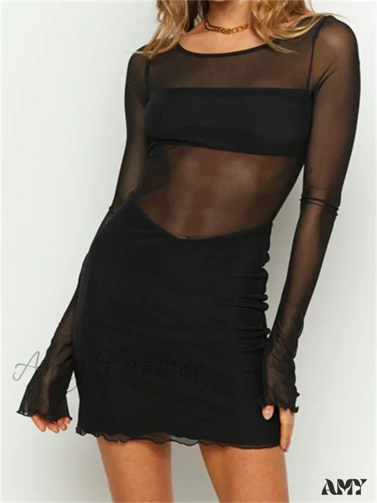 Amy Fashion - Mesh Sheer See Through Party Long Sleeve Round Mini Dress - Image 6