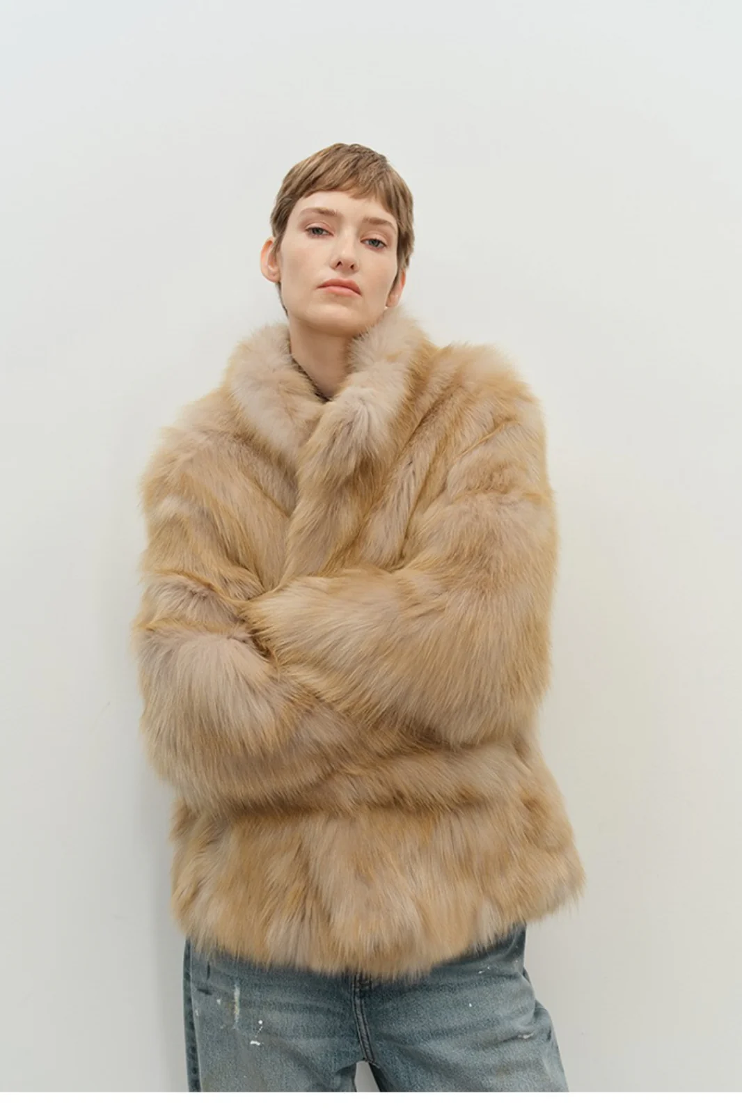 Mid-Length Faux Fox Fur Stand Collar Warm Coat - Image 3