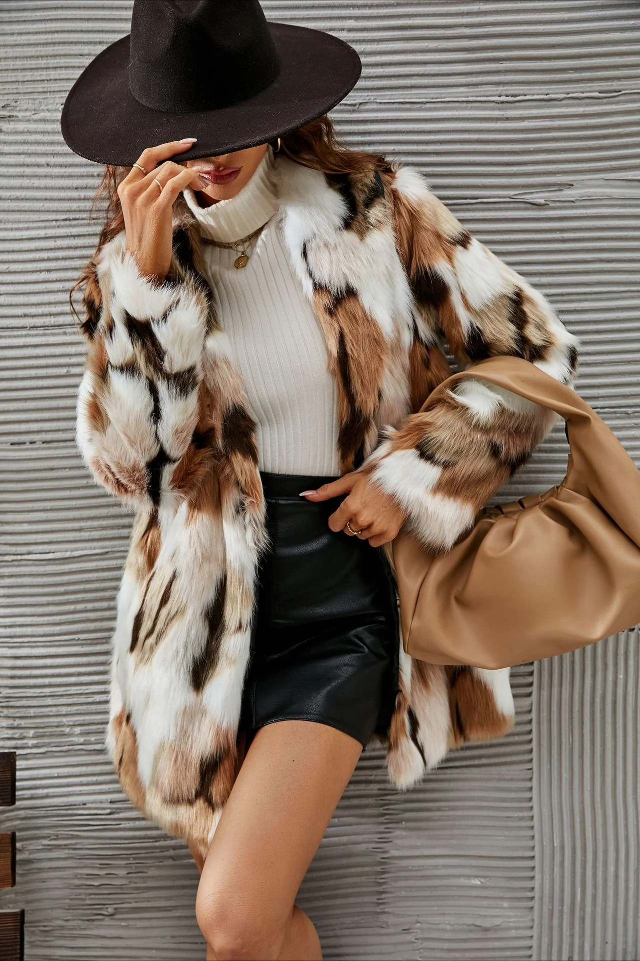 Mid-Length Faux Fur Shawl Collar Fluffy Winter Coat - Image 3