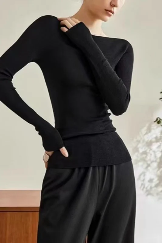 Minimalist Wool Off Shoulder Slim Blouse Base Layer - Image 5