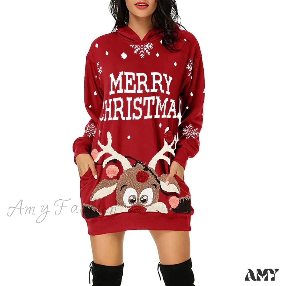Amy Fashion - Christmas Hoodie Bag Hip Pocket Elk Sweater Dress