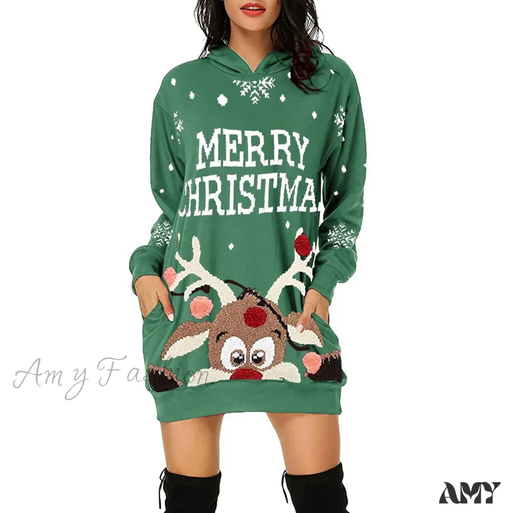 Amy Fashion - Christmas Hoodie Bag Hip Pocket Elk Sweater Dress - Image 2