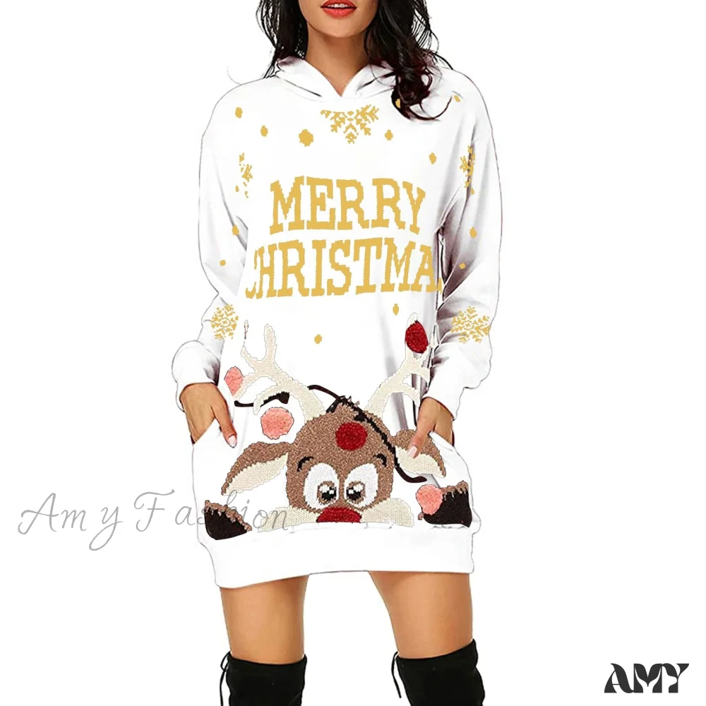 Amy Fashion - Christmas Hoodie Bag Hip Pocket Elk Sweater Dress - Image 3