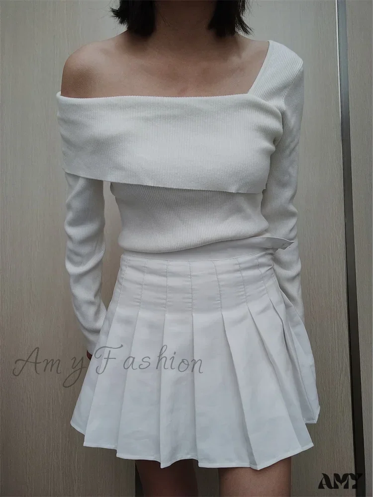Amy Fashion - Off Shoulder Irregular Neck  Long Sleeve Ribbed Knitted T-shirts - Image 4