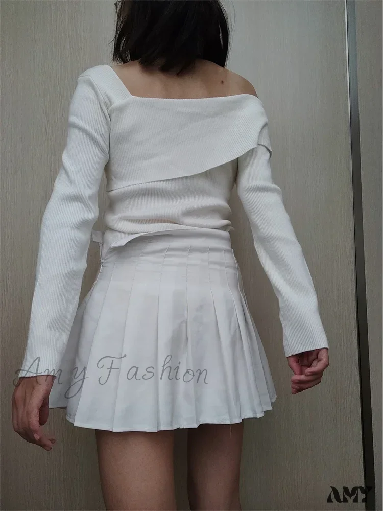 Amy Fashion - Off Shoulder Irregular Neck  Long Sleeve Ribbed Knitted T-shirts - Image 5