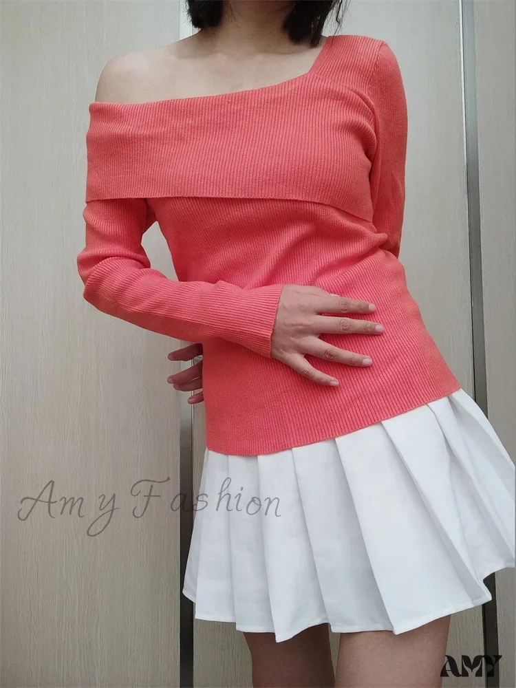 Amy Fashion - Off Shoulder Irregular Neck  Long Sleeve Ribbed Knitted T-shirts - Image 6