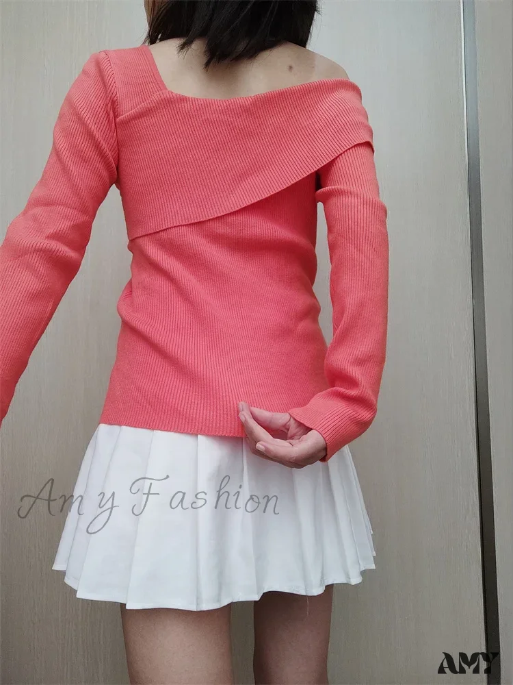 Amy Fashion - Off Shoulder Irregular Neck  Long Sleeve Ribbed Knitted T-shirts - Image 7
