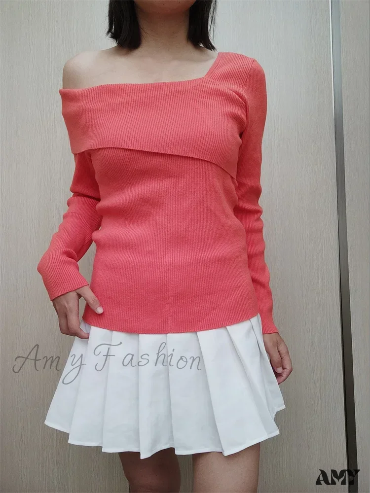 Amy Fashion - Off Shoulder Irregular Neck  Long Sleeve Ribbed Knitted T-shirts - Image 8