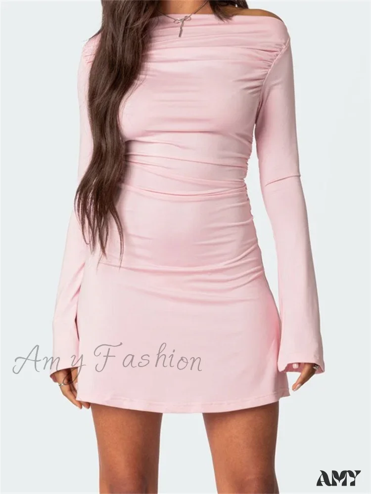 Amy Fashion - Off Shoulder Ruched Fashion Long Sleeve Irregular Neck Mini Dress - Image 2