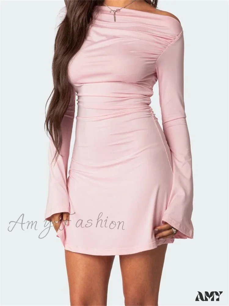 Amy Fashion - Off Shoulder Ruched Fashion Long Sleeve Irregular Neck Mini Dress - Image 3
