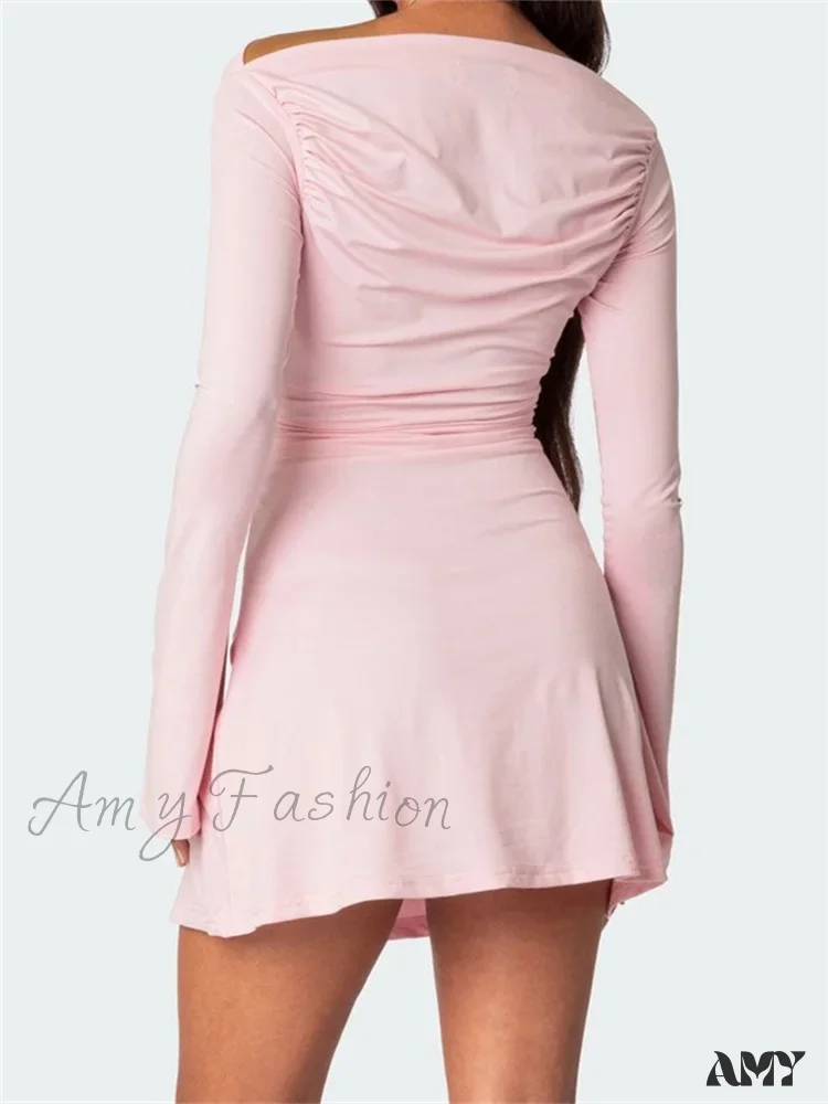 Amy Fashion - Off Shoulder Ruched Fashion Long Sleeve Irregular Neck Mini Dress - Image 4